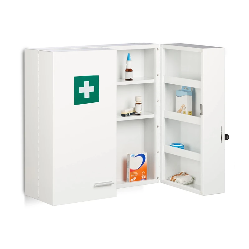 Relaxdays Medicine Cabinet, Lockable, 11 Compartments, Steel, HxWxD: 53 x 53 x 21.5 cm, Double Door, First Aid, White