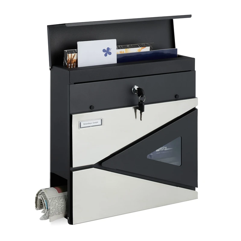 Relaxdays Mailbox with Newspaper Compartment, HxWxD 37 x 37 x 11 cm, Secure, Spare Key Included, Steel, Silver/Black, Stainless steel - Image 1
