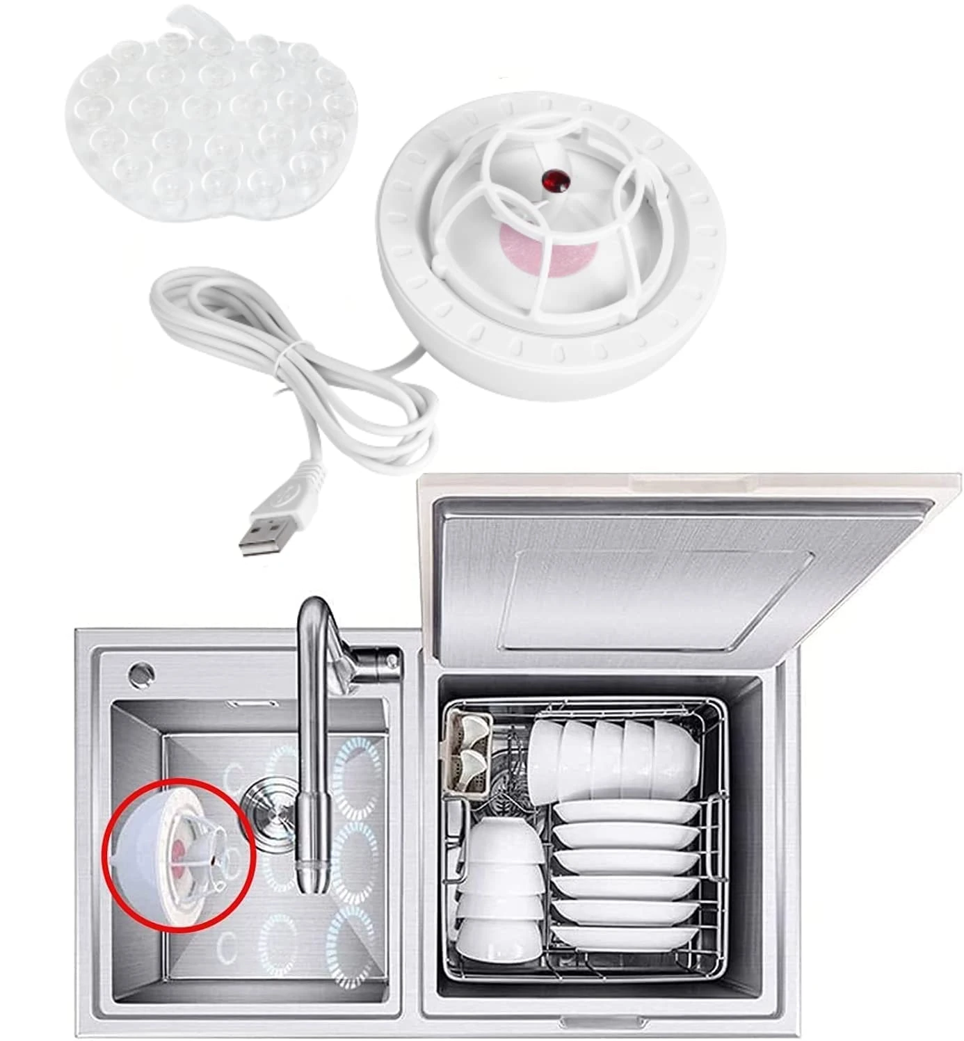 Ultrasonic Mini Dishwasher for Kitchen Sink - Portable USB Washing Machine Household Multifunctional Lazy Dish Washing Device with Red Color
