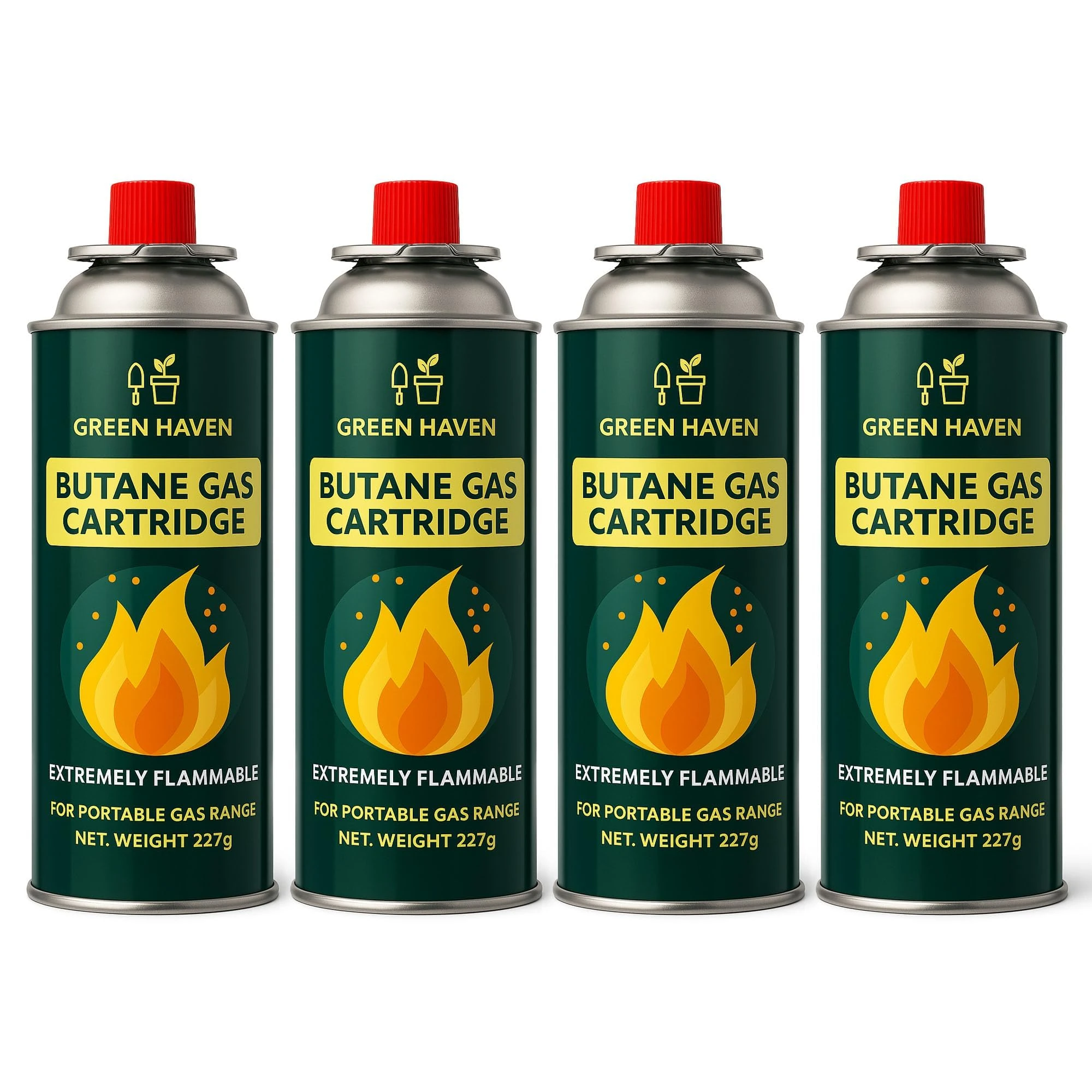 Green Haven Butane Gas Canisters 4 Pack – EN417 Non-threaded Camping Cylinders for BBQs & Stoves, Reliable Propane Refill, Long-Lasting & Safe for Outdoor Cooking, Camping, Festivals, or Picnics