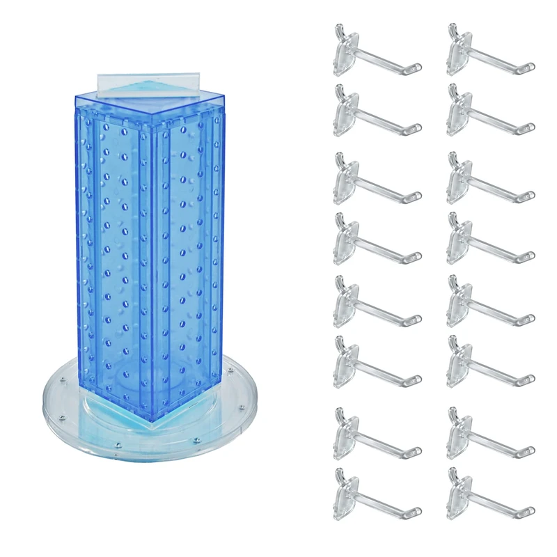Azar Displays 700220-BLU-2C16 Four-Sided 4”W x 12” Revolving Pegboard Tower Kit Counter Display with 16-Pack of 2 inch Locking Hooks, Blue