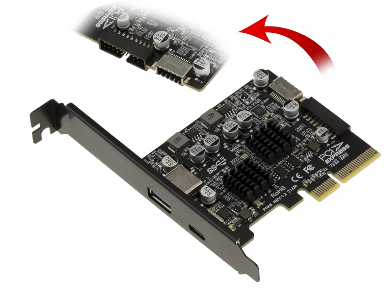 KALEA-INFORMATIQUE PCIe USB 3.2 Gen2 10G controller card with 2 external A and C ports and 2 internal 19-pin and E-type ports. ASM 3142 chipset and Via VLI VL822