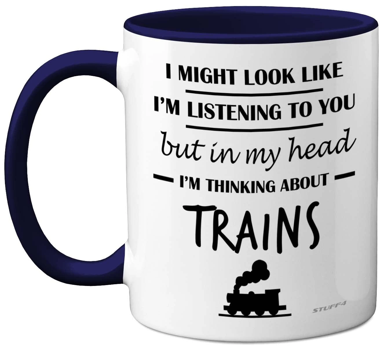 Stuff4 Steam Train Gifts for Men - in My Head I'm Thinking About Trains Mug - Funny Gifts for Spotting Enthusiasts, Spotter 11oz Ceramic Navy Blue Handle Premium Mugs Novelty Cup