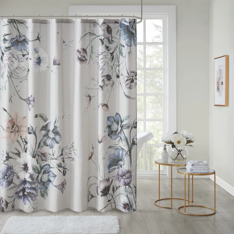 Madison Park Cassandra Cotton Percale Bathroom Shower, Printed Floral Design Modern Shabby Chic Privacy Bath Fabric Curtains, 72"x72", Blue
