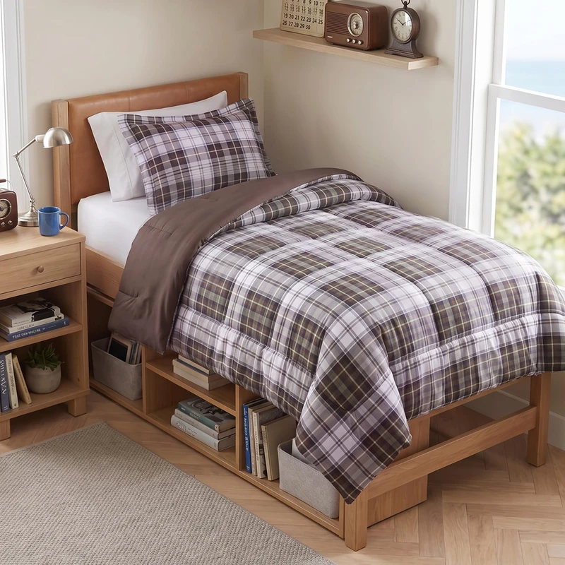 Madison Park Essentials Parkston Plaid Comforter, Matching Sham, 3M Scotchguard Stain Release Cover, Hypoallergenic All Season Bedding-Set, Twin/Twin XL, Brown, 2 Piece - Image 1