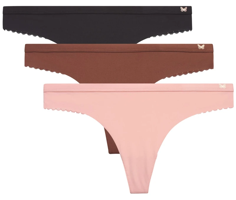 Jessica Simpson Women's Underwear - 3 Pack Microfiber Lace Thong Panties (S-XL), Brunette/Mellow Rose/Jet Black, Large