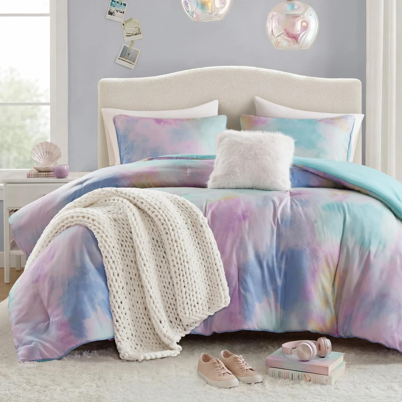 Intelligent Design Cassiopeia Comforter Set - Colorful Watercolor Tie Dye Print, Modern Down Alternative, All Season Bedding with Matching Sham and Toss Pillow Full/Queen Multi 4 Piece
