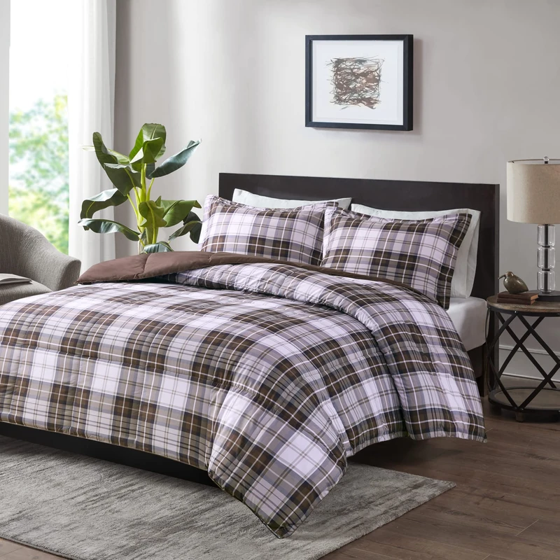 Madison Park Essentials Parkston Plaid Comforter, Matching Sham, 3M Scotchguard Stain Release Cover, Hypoallergenic All Season Bedding-Set, Full/Queen, Brown, 3 Piece