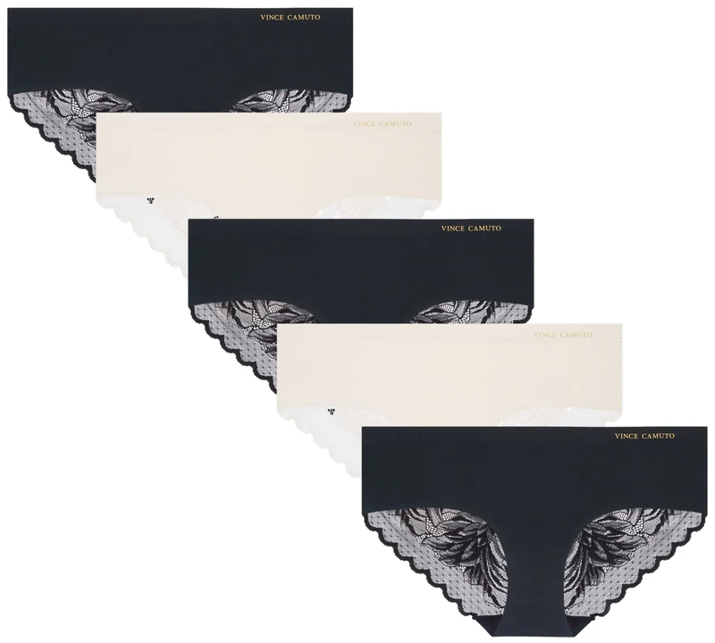 Vince Camuto Women's Hipster Underwear - 5 Pack Ultra Soft & Sexy Lingerie - Breathable Seamless Panties for Women, Black/White Lace, S