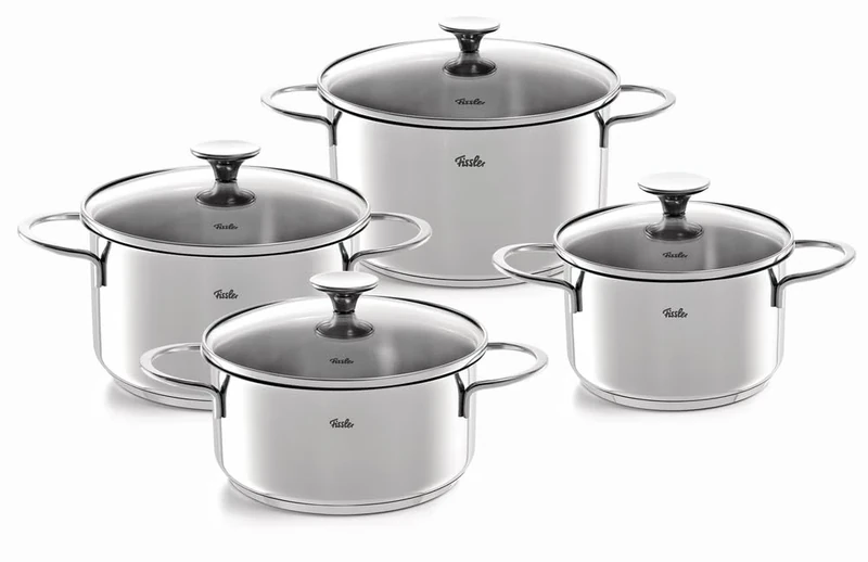 Fissler Copenhagen Stainless Steel 4-Piece Saucepan Set, Saucepan Set, Pots with Glass Lid, 3 Saucepans and 1 Stewing Pan - Induction