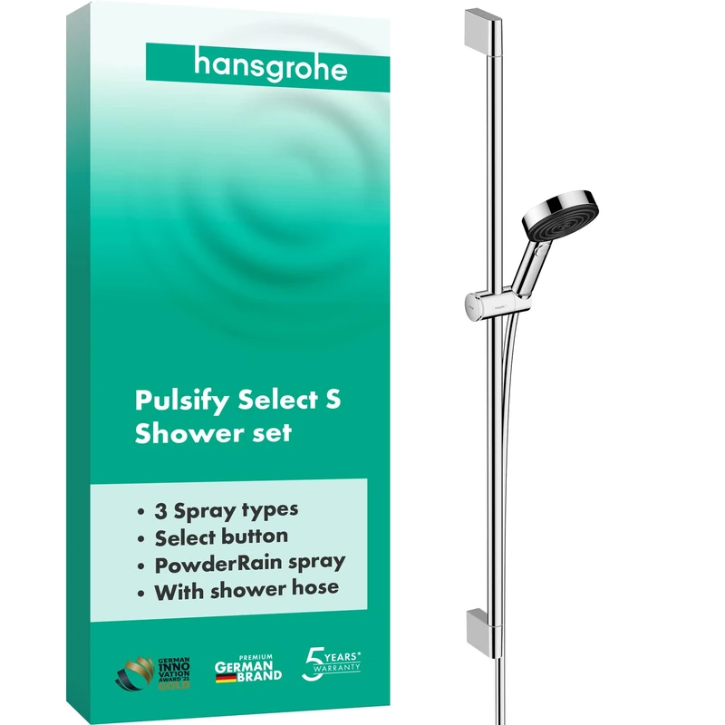 Hansgrohe Pulsify Select S Shower Set, 24170000, Chrome, Shower Head with Shower Rail, 3 Sprays, Includes Shower Hose, Shower Holder, Rain, Massage Setting