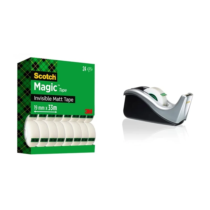 Scotch Magic Invisible Tape - 24 Rolls - 19 mm x 33 m - General Purpose Sticky Tape for Document Repair, Labelling and Sealing & Tape Dispenser in Silver with 1 Roll of Magic Tape 19mm x 33m