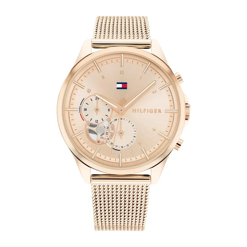 Tommy Hilfiger Analogue Multifunction Quartz Watch for Women with Carnation Gold Colored Stainless Steel Mesh Bracelet - 1782486