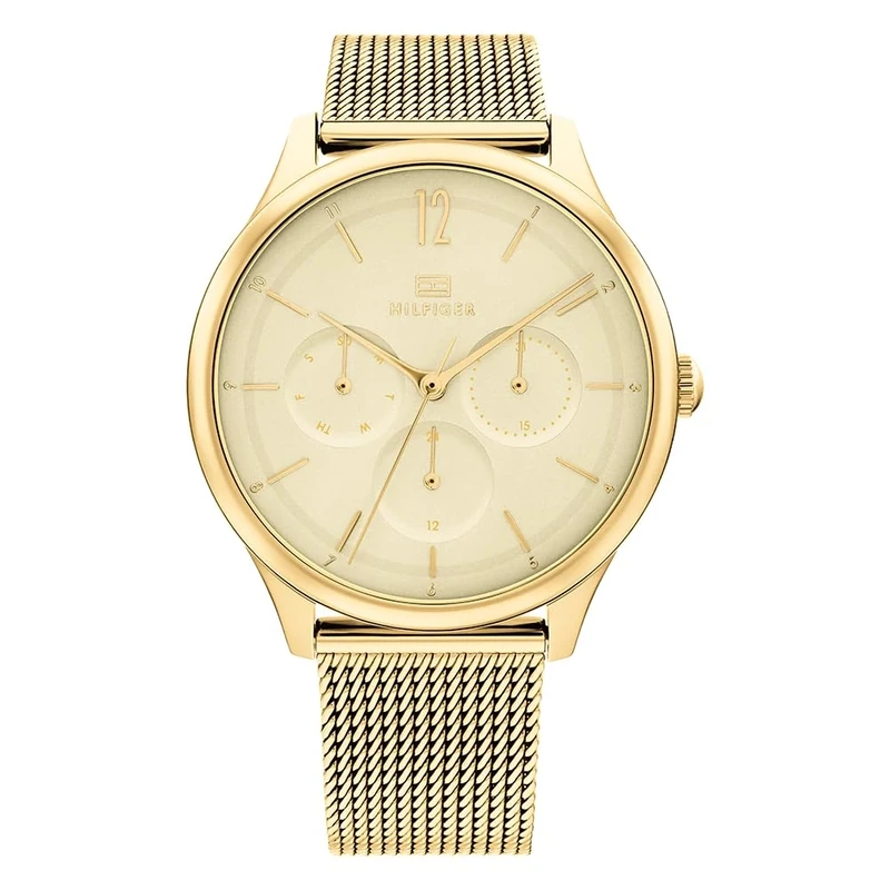 Tommy Hilfiger Analogue Multifunction Quartz Watch for Women with Gold Colored Stainless Steel Mesh Bracelet - 1782458