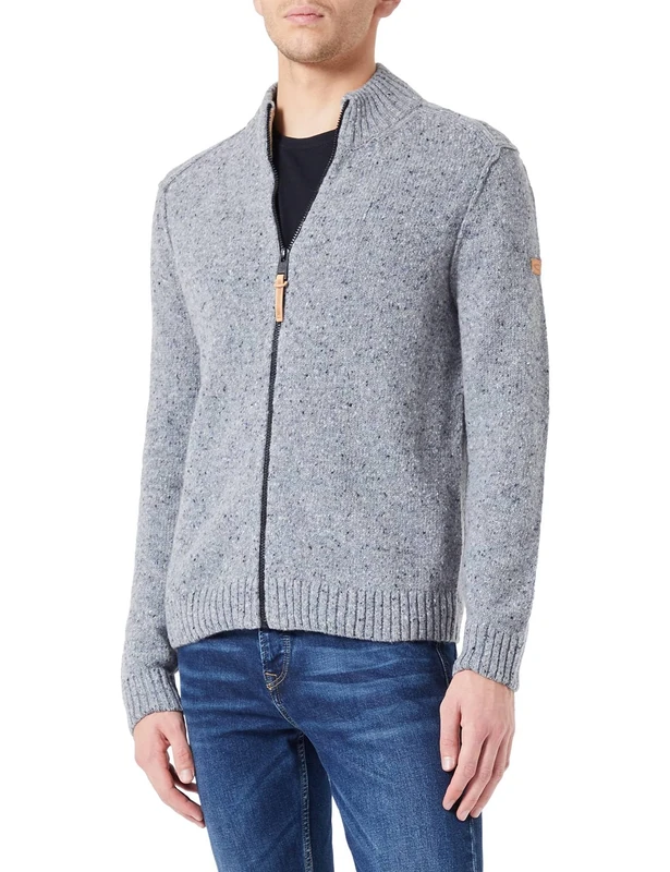 camel active Men's Cardigan with Stand-Up Collar, Gray, XXXL
