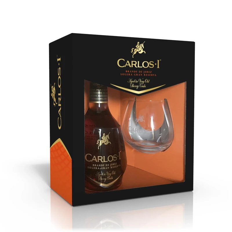 CARLOS I Brandy de Jerez Solera Gran Reserva | Made with Grape and Aged in Centuries-Old Casks Following the Traditional System of Criaderas and Solera. 40% ABV - Gift Set with Brandy Glass, 1L Bottle