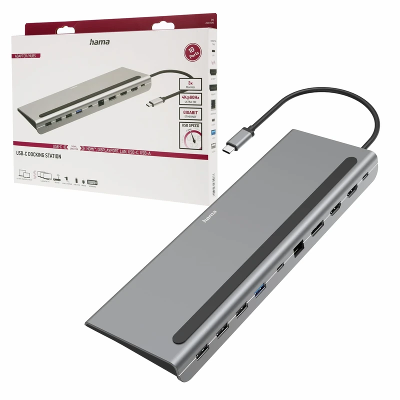Hama Connect2Office Pro USB-C 10-in-1 Docking Station - USB-C (PD Power & Data), 4x USB-A, 2x HDMI, DisplayPort, RJ45, Aluminium