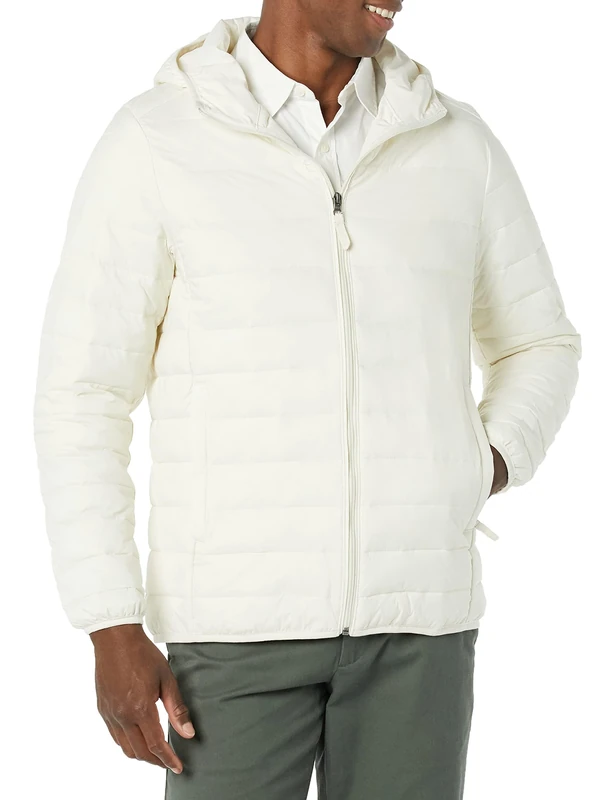 Amazon Essentials Men's Lightweight Water-Resistant Packable Hooded Puffer Jacket, Light Beige, XS