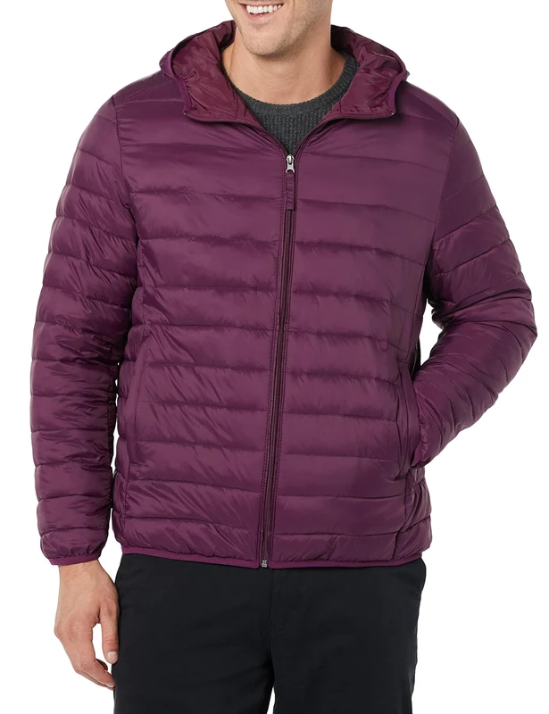 Amazon Essentials Men's Lightweight Water-Resistant Packable Hooded Puffer Jacket, Dark Purple, L