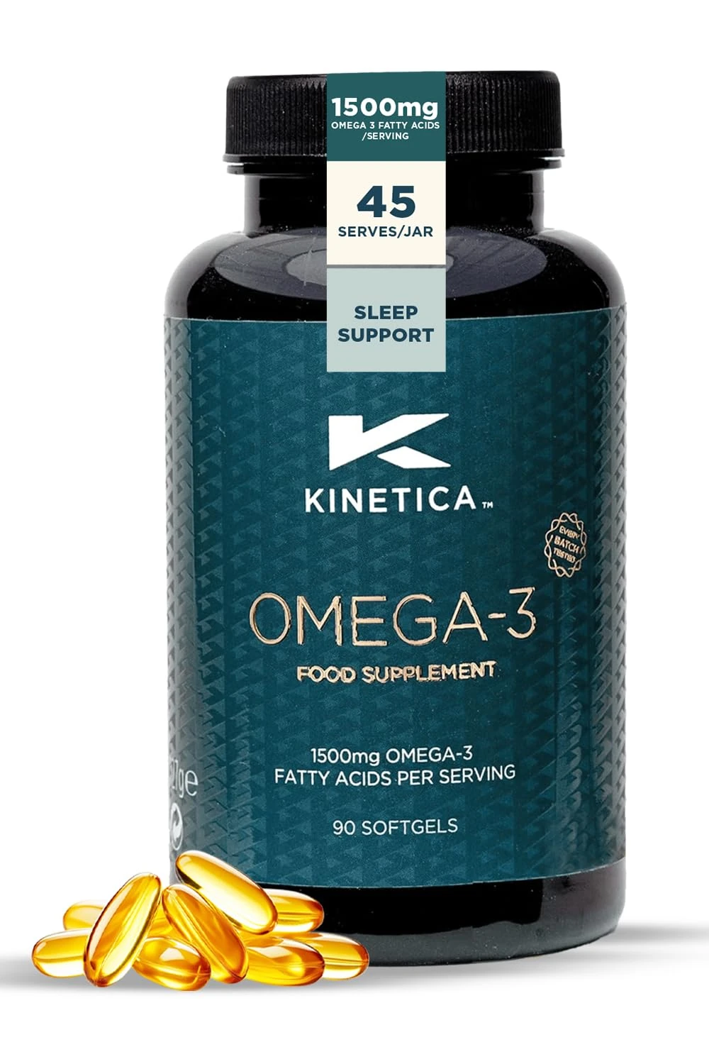 Kinetica Sports Omega-3 Fish Oil | 1500mg Omega-3 Fatty Acids, 1000mg EPA & 500mg DHA/Serve, 45 Servings/90 Capsule Pack | 2 Capsules/Day | Reduces Muscle Soreness with Anti-Inflammatory Properties