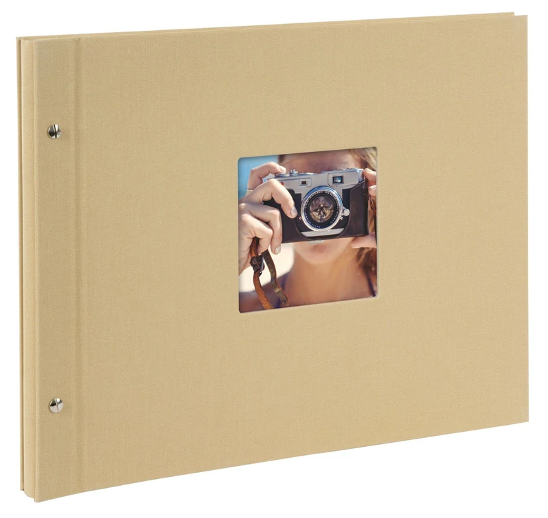 goldbuch Bella Vista 28 606 Screw Album Beige Photo Book 39 x 31 x 2.5 cm Photo Album 40 White Pages Picture Album Cover Linen Photo Album with Window Cut-Out Photo Book Light Brown
