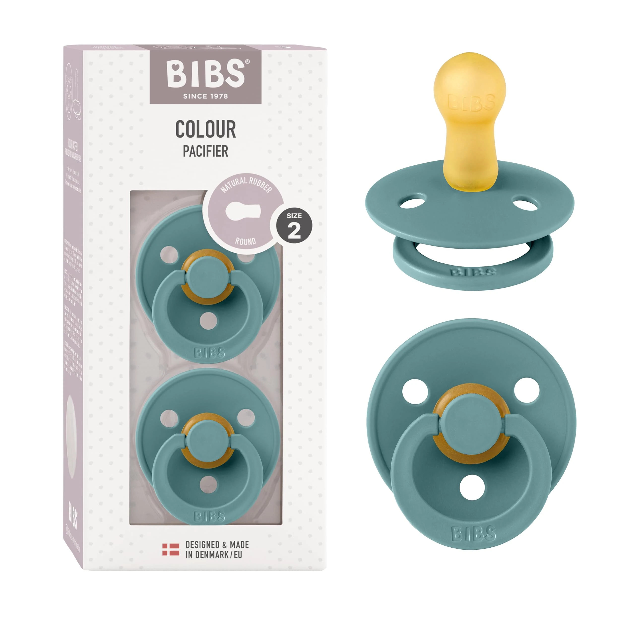 BIBS Colour Soother 2-Pack, BPA Free Dummy Pacifier, Round Nipple. Natural Rubber Latex, Made in Denmark, Size 2 (6-18 Months), Island Sea