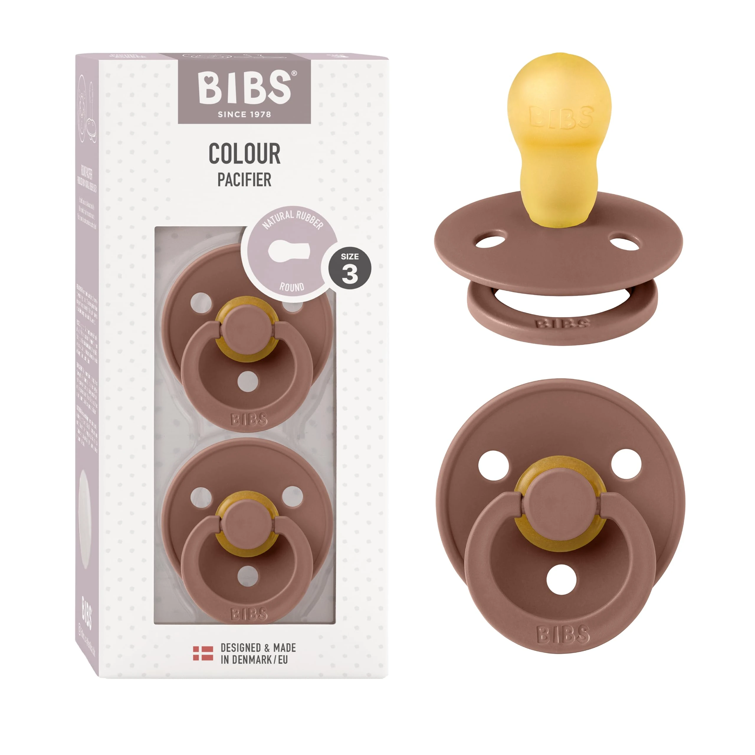 BIBS Colour Soother 2-Pack, BPA Free Dummy Pacifier, Round Nipple. Natural Rubber Latex, Made in Denmark, Size 3 (18+ Months), Woodchuck