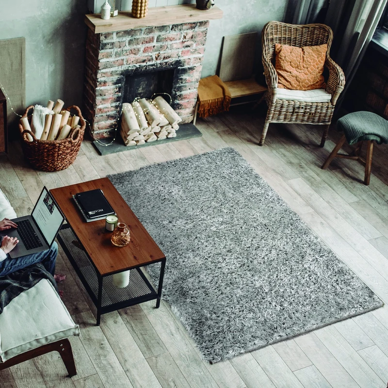 ECOMMERC3 Exclusive - Salon Long Hair Silver Rug 120 x 170 with Soft Texture and Highly Padded | Polyester and Jute Carpet on the Reverse - Image 1