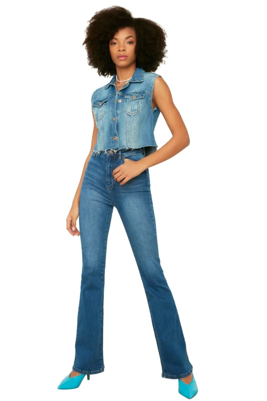 Trendyol Women High Waist Flare Leg Regular fit Jeans Dark Blue