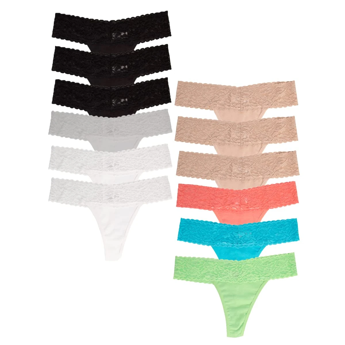 Jo & Bette Women's Cotton Thong Underwear, Lace Trim Soft Sexy Lingerie Panties Set (6pk Classic, 6pk Neutral - Small)