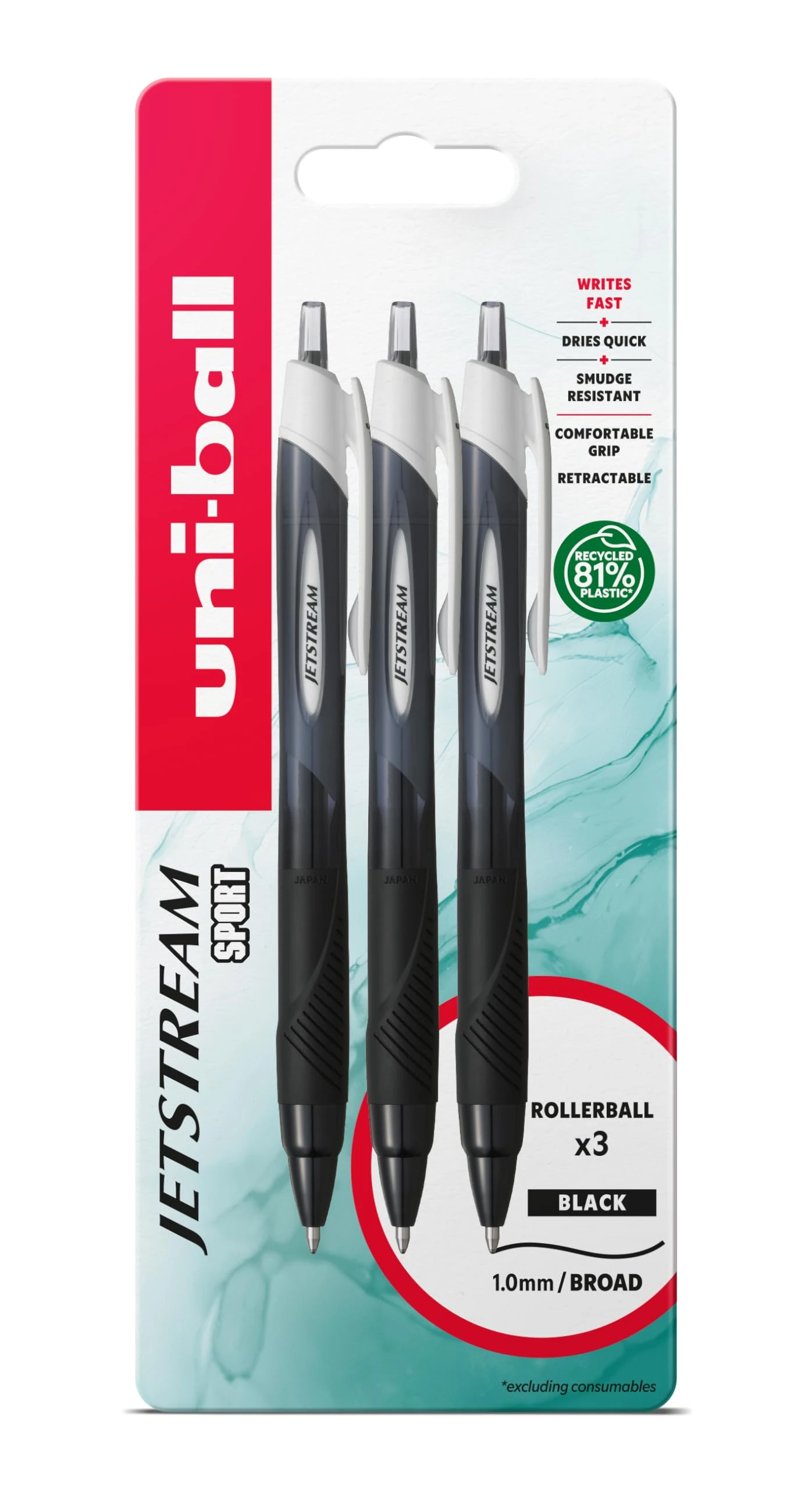 uni-ball Jetstream Sport SXN-150S Ballpoint Gel Pens. Premium 1.0mm Rollerball Tip. Smooth Writing Black Uni Super Ink Dries Instantly. Pack of 3 in Plastic Free Packaging