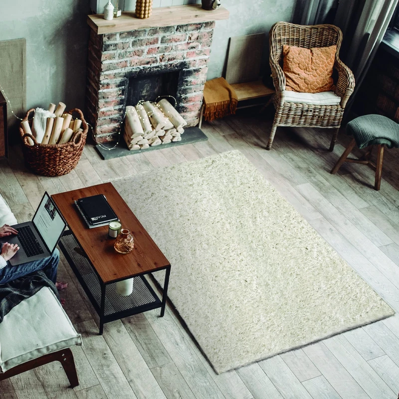 ECOMMERC3 Exclusive High Pile Living Room Rug White 120 x 170 cm with Soft Texture and Highly Padded | Polyester and Jute Rug on the Back