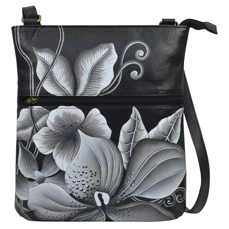 Anna by Anuschka Women's Leather Slim Cross Shoulder Bag-Hand Painted Original Artwork Exterior-Midnight Floral Black, One Size