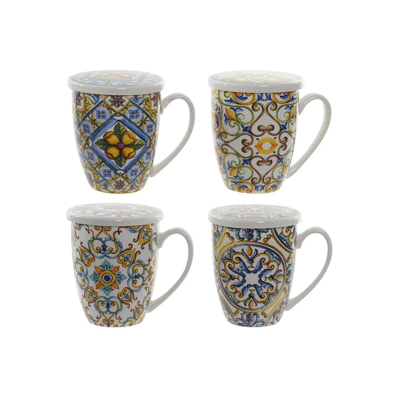 DKD Home Decor Cup with Filter for Infusions Blue Porcelain Stainless Steel Yellow (4 pcs)