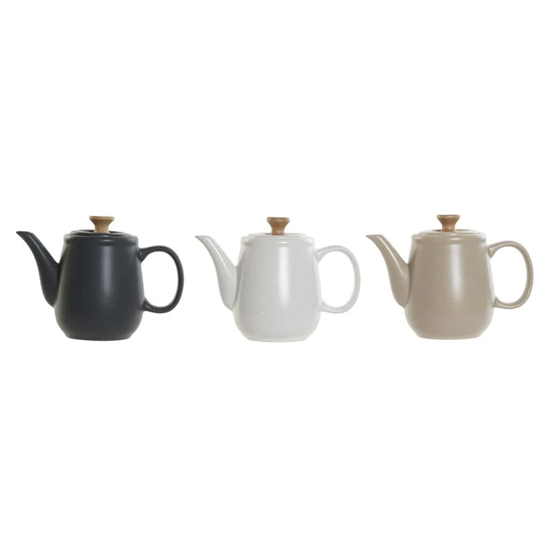 DKD Home Decor Teapot White Beige Rubber Wood Natural Stoneware Dark Grey (1L) (3 pcs)