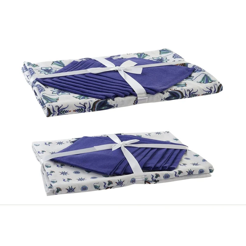 DKD Home Decor Tablecloth and Napkins Blue Cotton White (25 x 26 x 0.5 cm) (150 x 250 x 0.5 cm) (2 pieces)