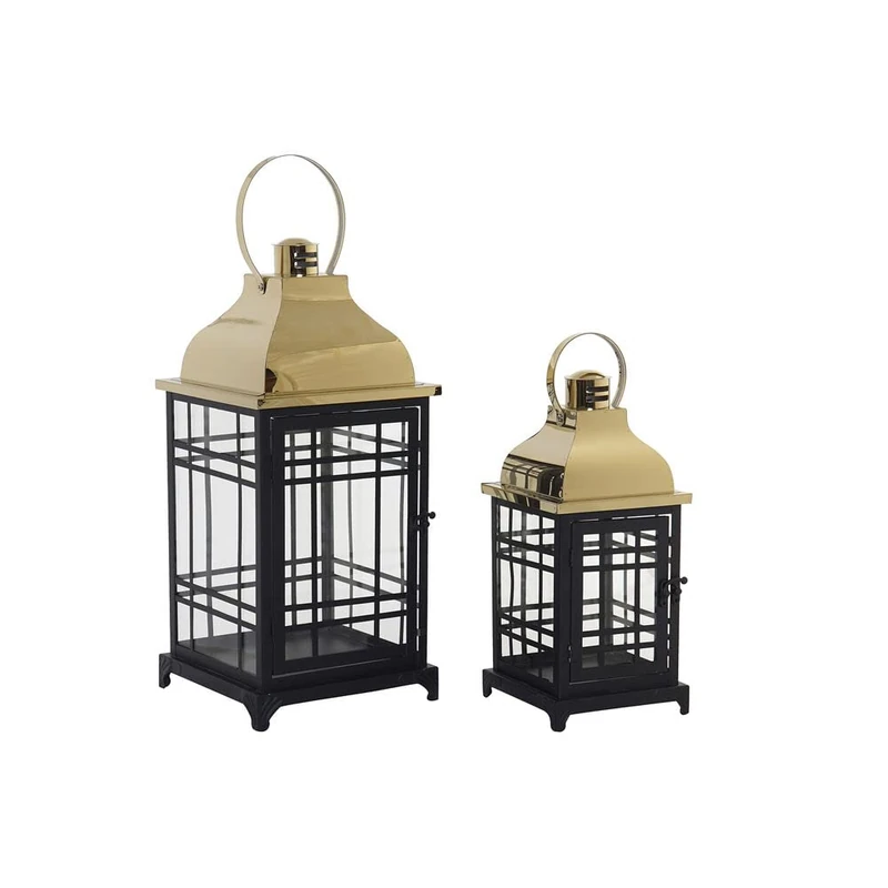 DKD Home Decor Glass Lantern Black Gold Metal (16 x 16 x 36 cm) (2 pieces) (22 x 22 x 49 cm)