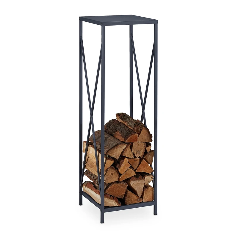 Relaxdays Tall Firewood Storage Stand, Logs Rack for Indoors, Powder-Coated Metal, Wood Shelf, HWD: 112x34x34 cm, Grey