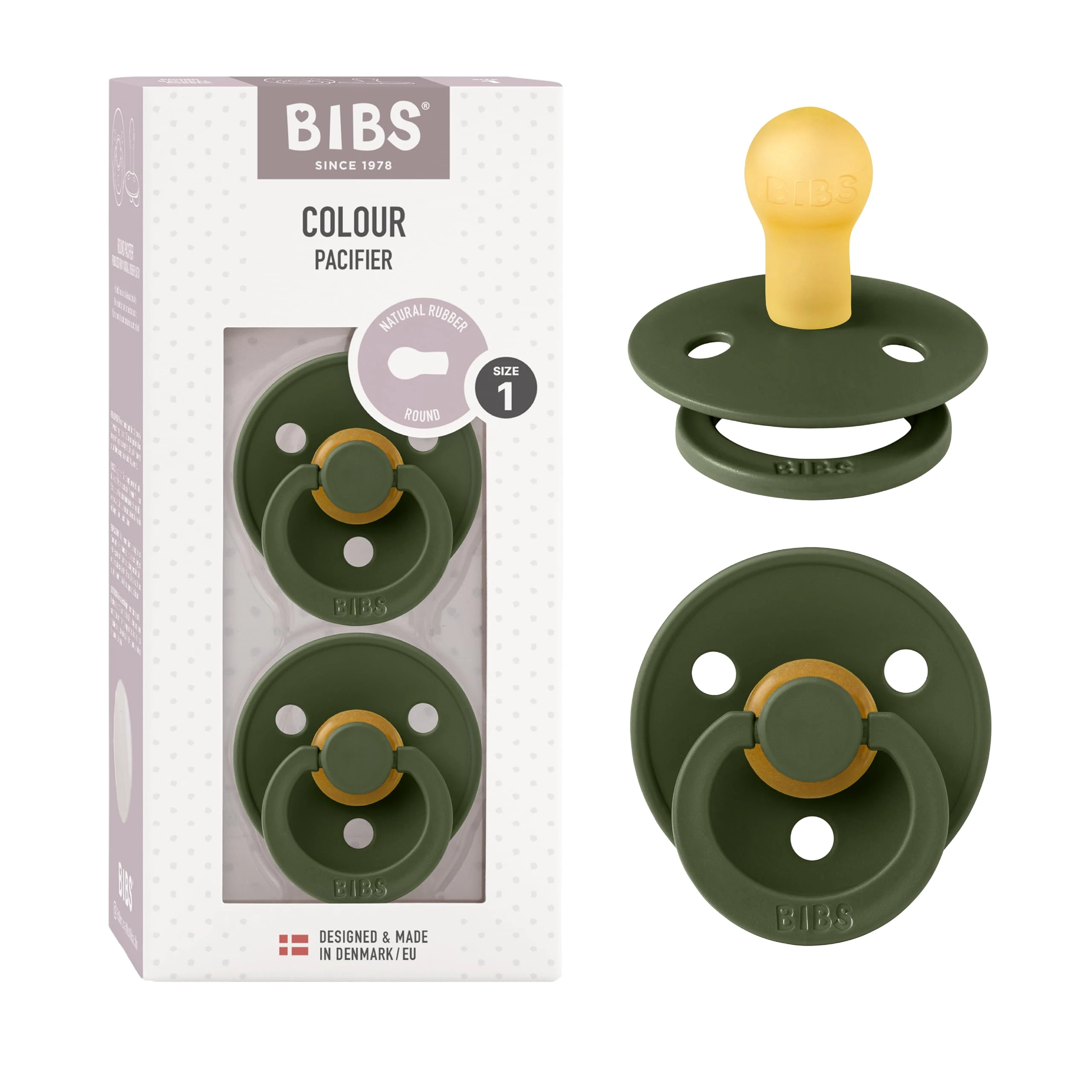 BIBS Colour Soother 2-Pack, BPA Free Dummy Pacifier, Round Nipple. Natural Rubber Latex, Made in Denmark, Size 1 (0-6 Months), Hunter Green