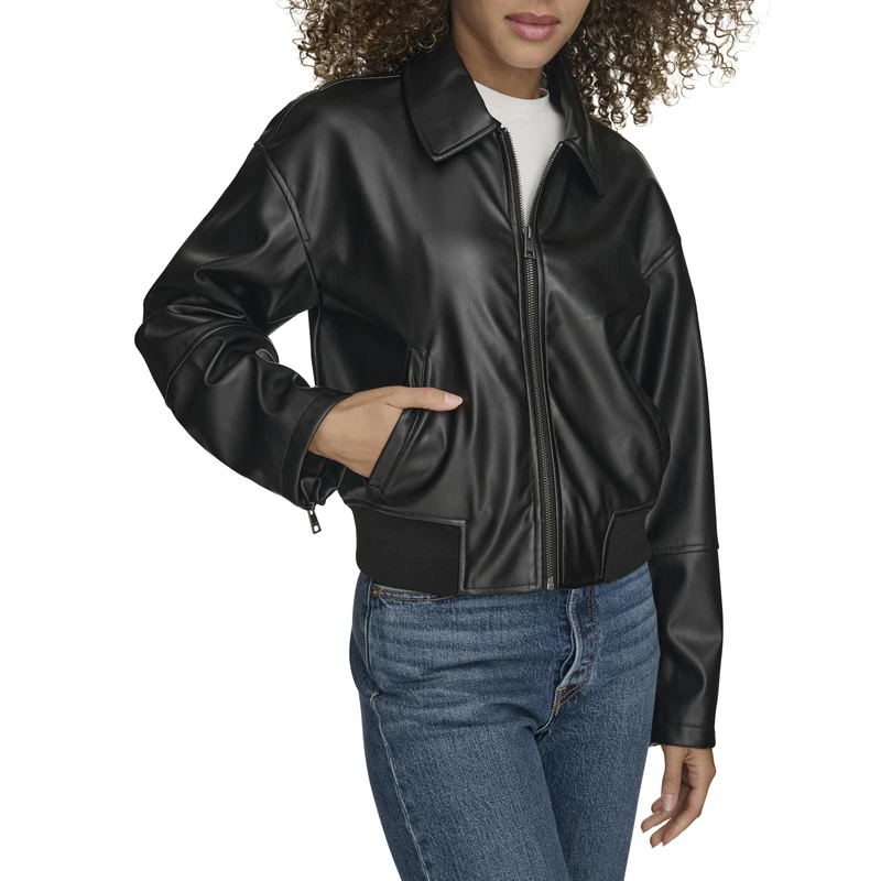 Levi's Women's Faux Leather Bomber with Laydown Collar Jacket, Black, S