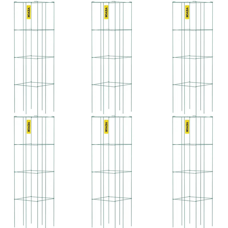 VEVOR Tomato Cages, 14.6" x 14.6" x 39.4", 6 Packs Square Plant Support Cages, Green PVC-Coated Steel Tomato Towers for Climbing Vegetables, Plants, Flowers, Fruits