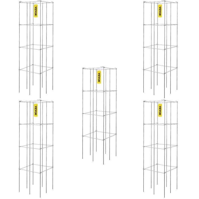VEVOR Tomato Cages, 11.8" x 11.8" x 46.1", 5 Packs Square Plant Support Cages, Silver PVC-Coated Steel Tomato Towers for Climbing Vegetables, Plants, Flowers, Fruits