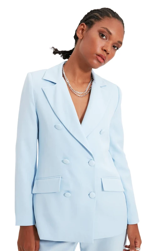 Trendyol Women Plus Size Regular Double-Breasted Lapel Collar Woven Jacket Light Blue