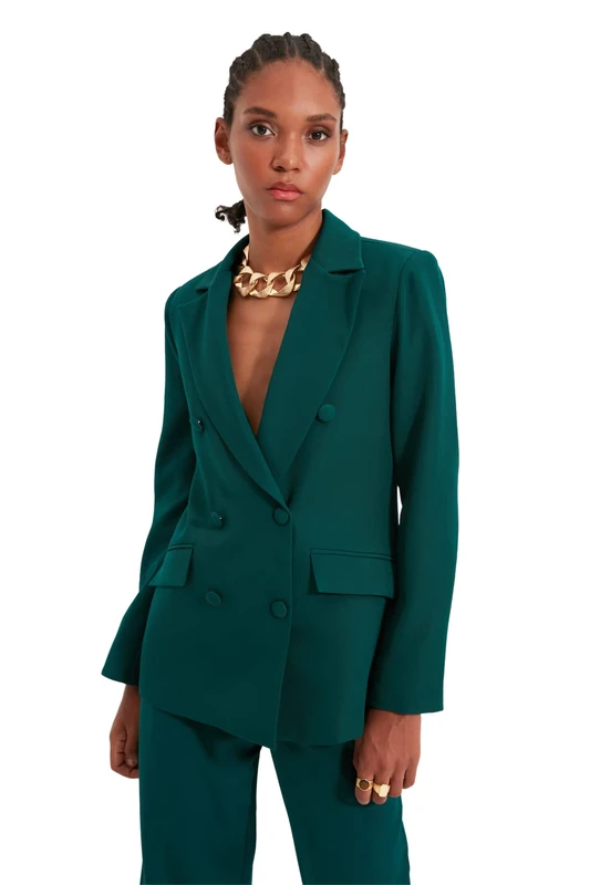 Trendyol Women Plus Size Regular fit Double-Breasted Crew Neck Woven Blazer Green