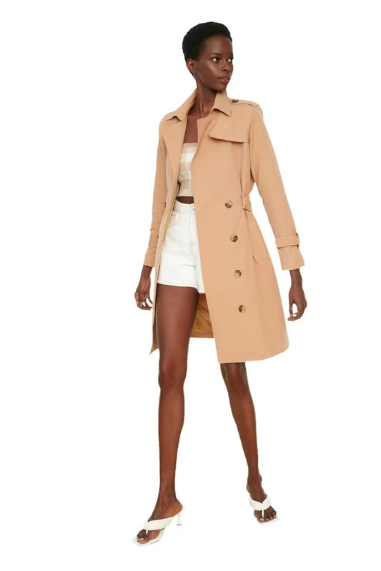 Trendyol FeMan Regular fit Double-breasted Lapel collar Woven Trench Coat,Camel,36