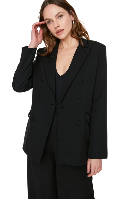 Trendyol Women Plus Size Regular fit Double-Breasted Crew Neck Woven Jacket Black
