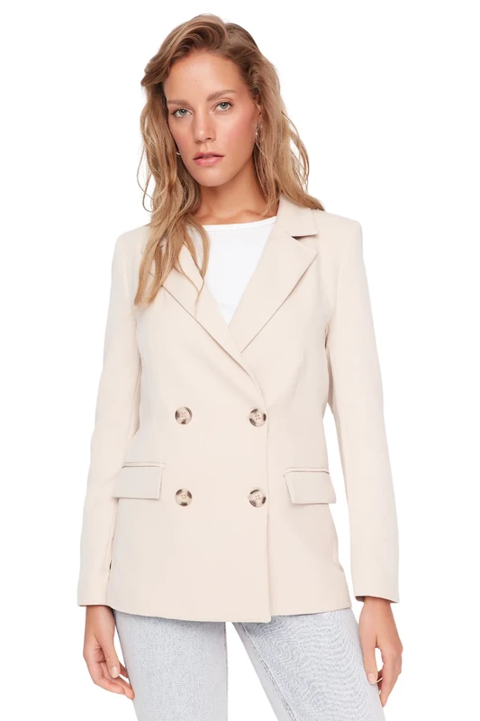 Trendyol Women Plus Size Regular fit Double-Breasted Lapel Collar Woven Jacket Beige