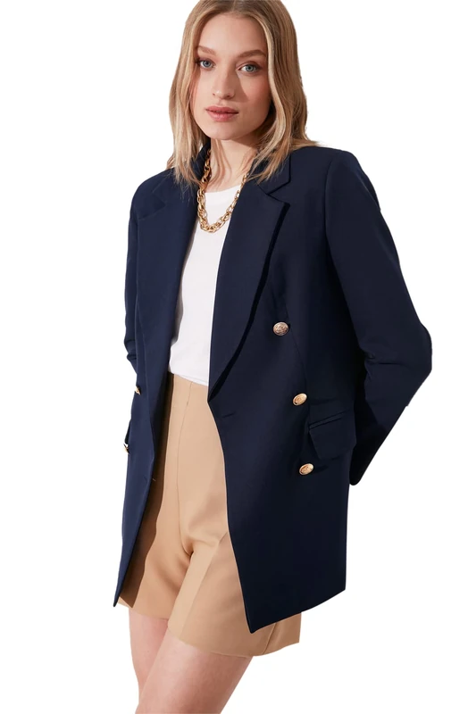 Trendyol Women Plus Size Regular fit Basic Lapel Collar Woven Jacket Navy