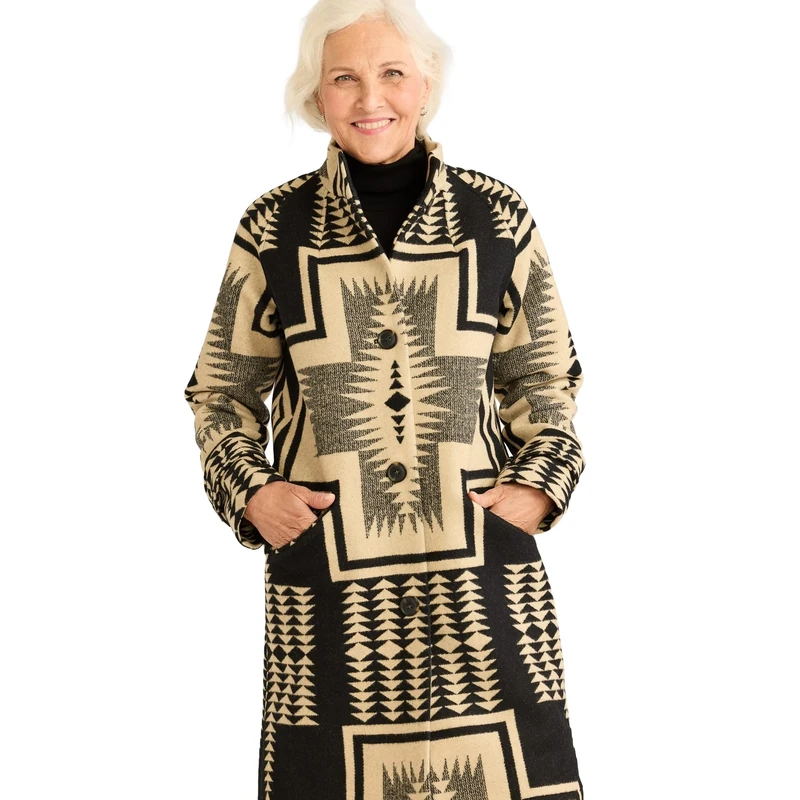 Pendleton Women's Timberline Jacquard Wool Coat Blend, Black/Tan Harding, S