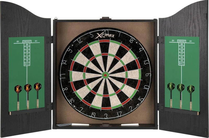 XQ Max Home Darts Centre Including Cabinet with Dartboard and 2 Sets of Darts - Black